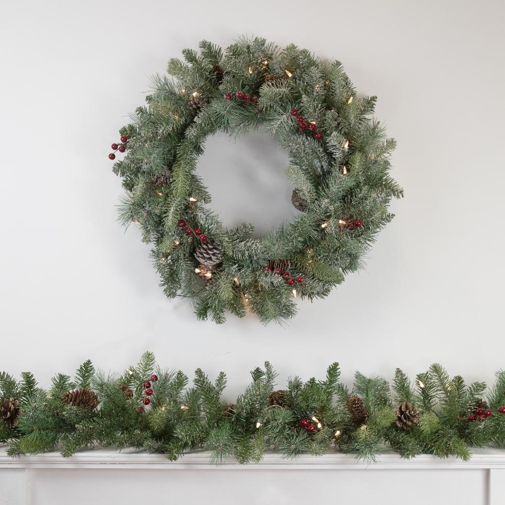 Pre-Lit Snowy Waterloo Pine Artificial Christmas Wreath - 24-Inch  Clear Lights. Picture 2