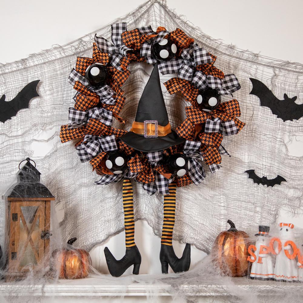 Orange and Black Witch with Bows Halloween Wreath  24-Inch  Unlit. Picture 2