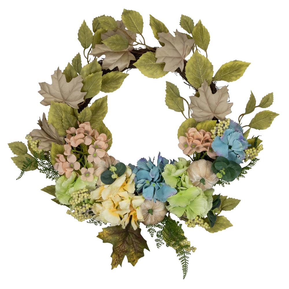 Green and Blue Floral and Gourds Thanksgiving Artificial Wreath  22-Inch. Picture 1