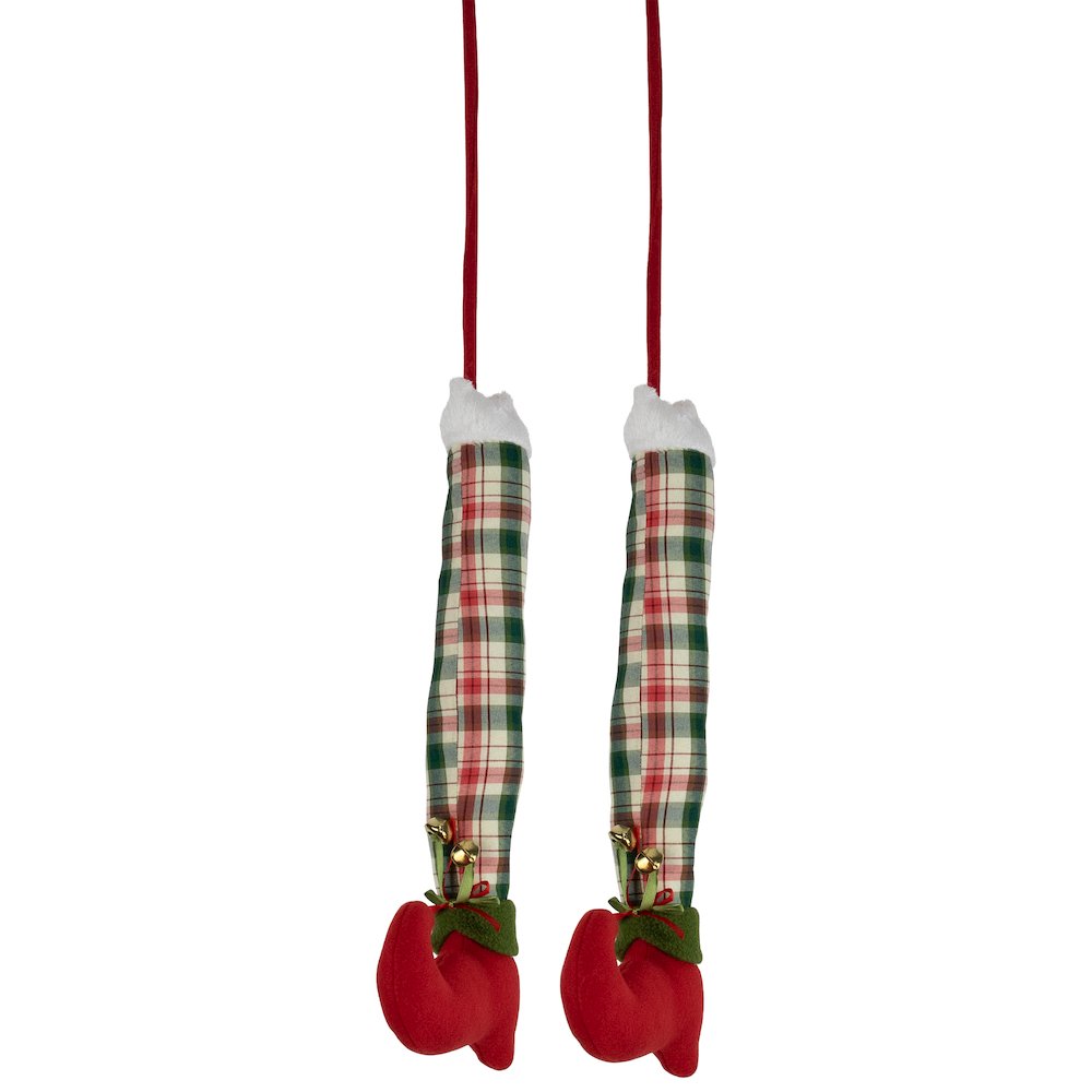 Set of 2 Red and Green Plaid Plush Elf Leg Christmas Picks 30". Picture 1