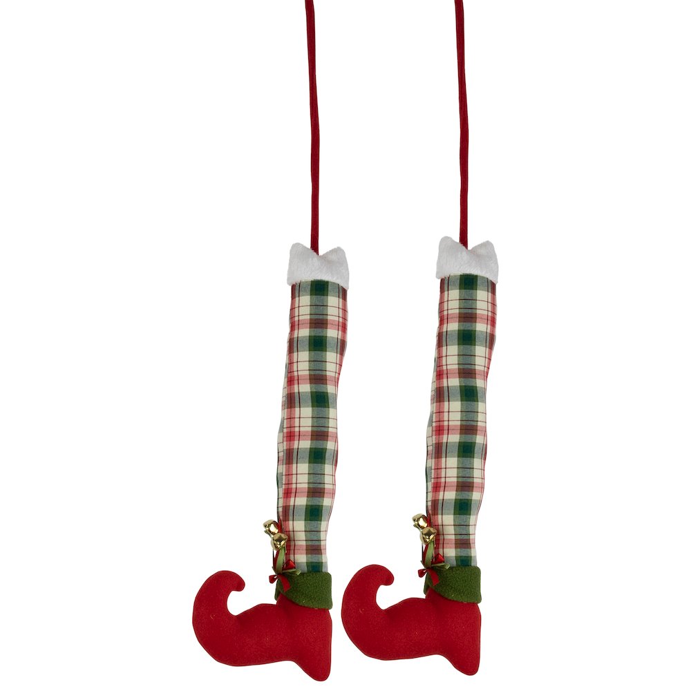 Set of 2 Red and Green Plaid Plush Elf Leg Christmas Picks 30". Picture 3