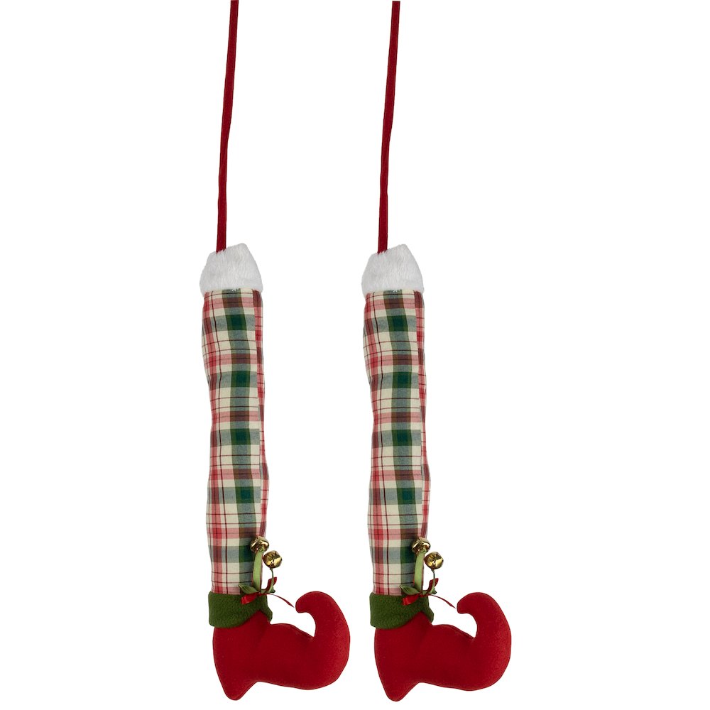 Set of 2 Red and Green Plaid Plush Elf Leg Christmas Picks 30". Picture 4