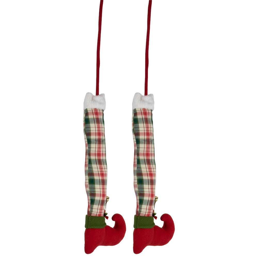 Set of 2 Red and Green Plaid Plush Elf Leg Christmas Picks 30". Picture 5