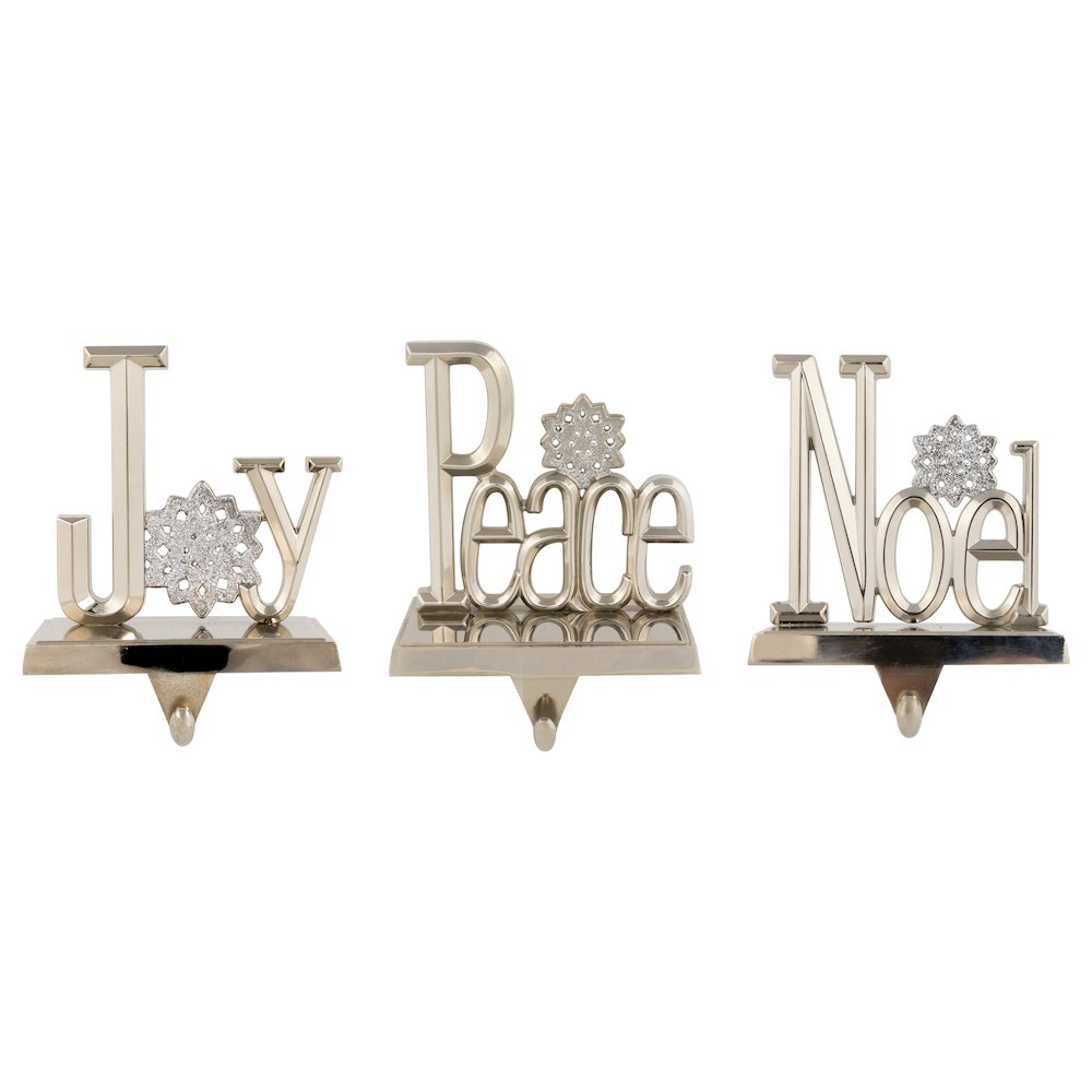 Peace  Joy and Noel Metal Christmas Stocking Holders - 6.5" - Set of 3. Picture 1