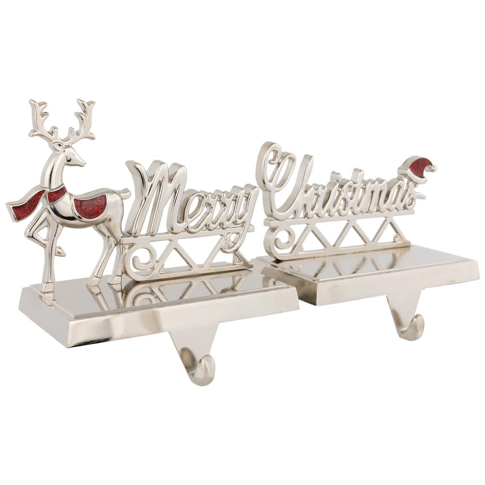 Set of 2 Silver Reindeer Merry Christmas Metal Stocking Holders 5.5". Picture 3