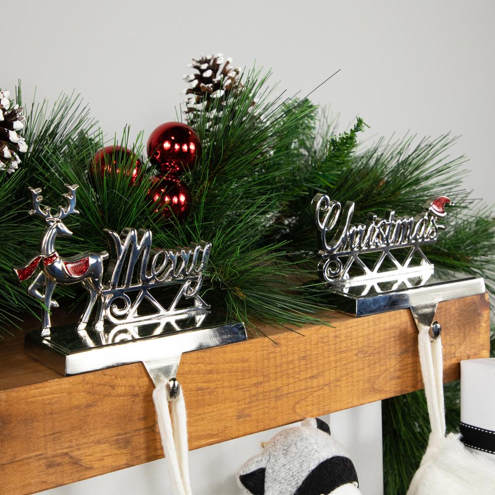 Set of 2 Silver Reindeer Merry Christmas Metal Stocking Holders 5.5". Picture 2