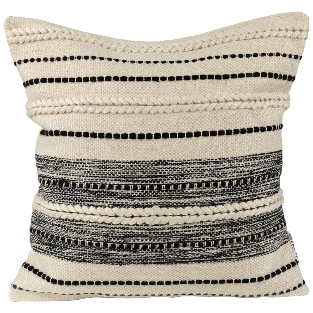 20" Cream and Black Twisted Textured Block Handloom Outdoor Square Throw Pillow. Picture 1