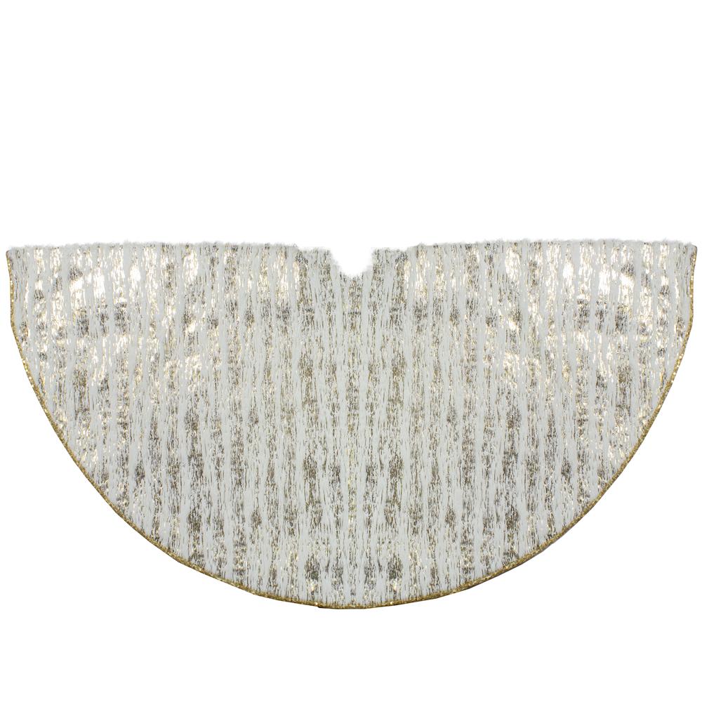 48" Cream and Gold Wood Grain Pattern and Faux Fur Christmas Tree Skirt. Picture 1