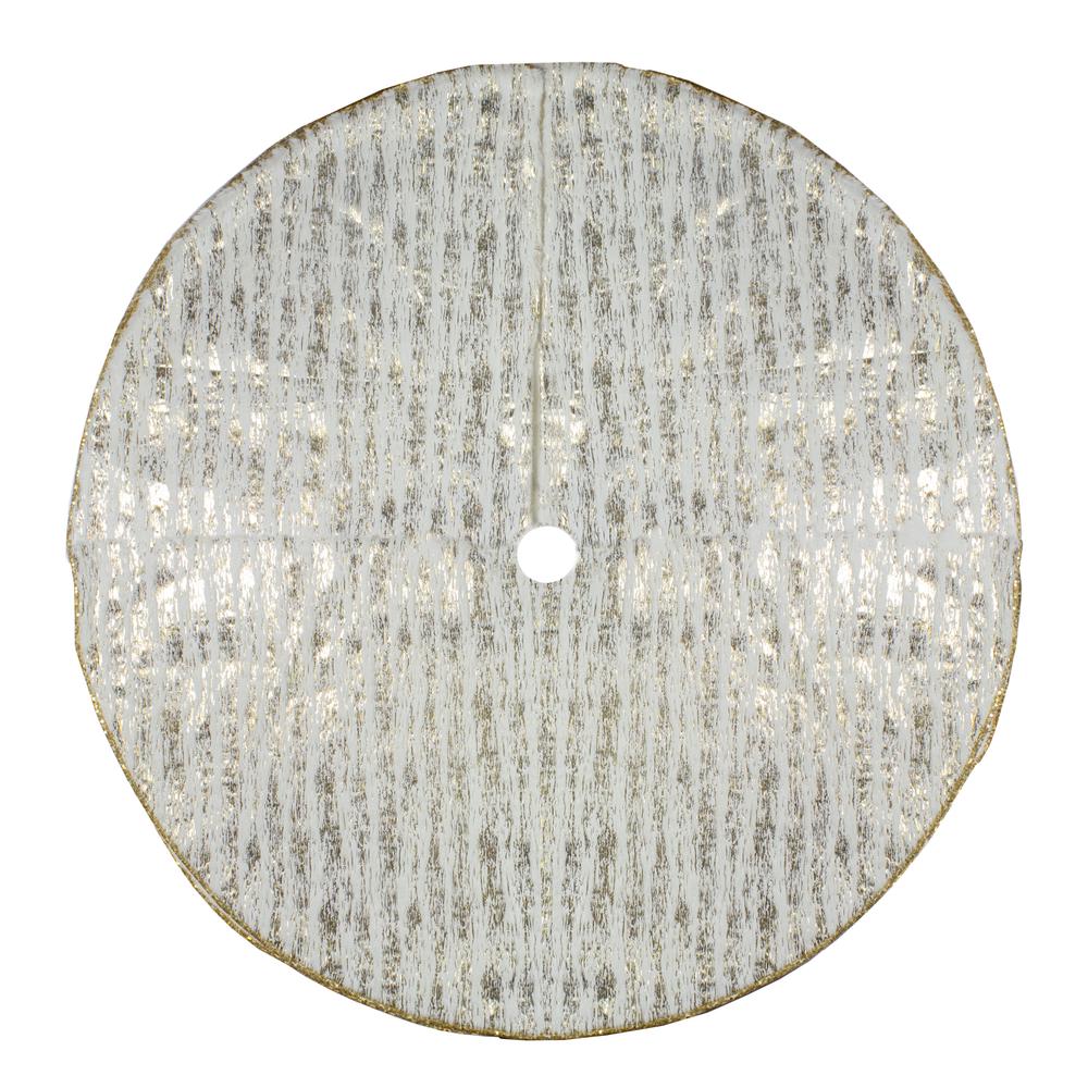 48" Cream and Gold Wood Grain Pattern and Faux Fur Christmas Tree Skirt. Picture 3