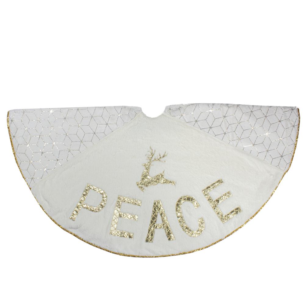48" Cream and Gold Peace and Reindeer Christmas Tree Skirt. Picture 1