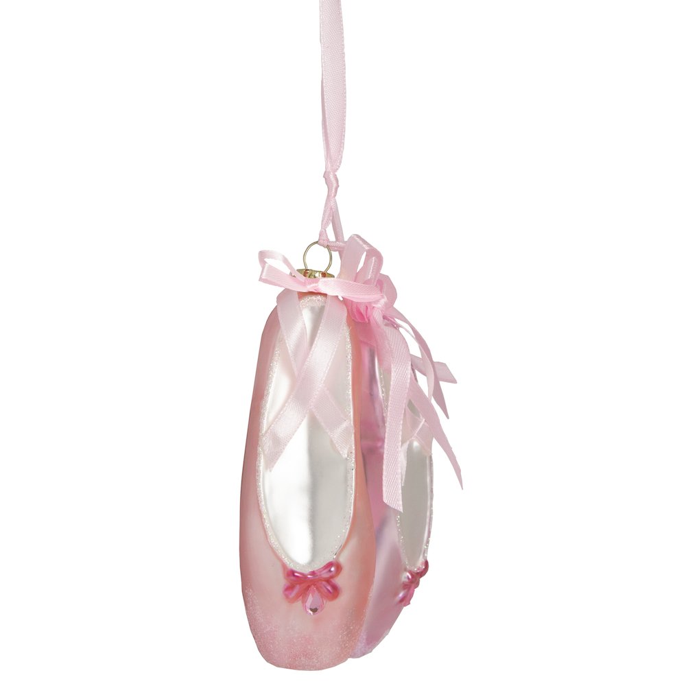 4.5" Pink Ballet Slippers Glass Christmas Ornament. Picture 3