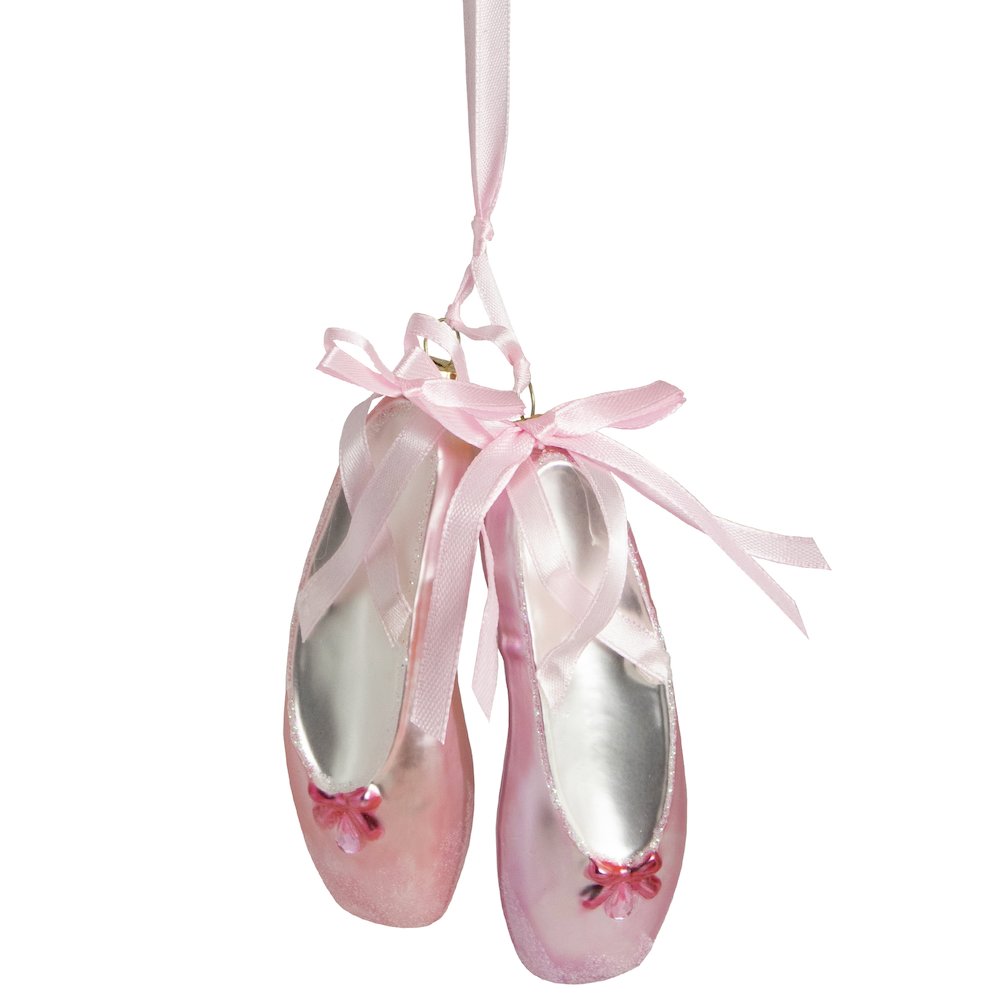 4.5" Pink Ballet Slippers Glass Christmas Ornament. Picture 1