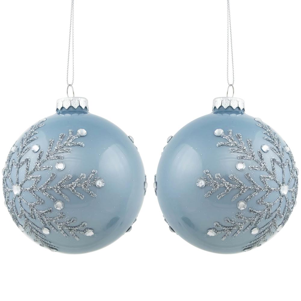 Set of 2 Shiny Stone Blue Glitter Snowflakes Glass Christmas Ball Ornaments 4". Picture 1