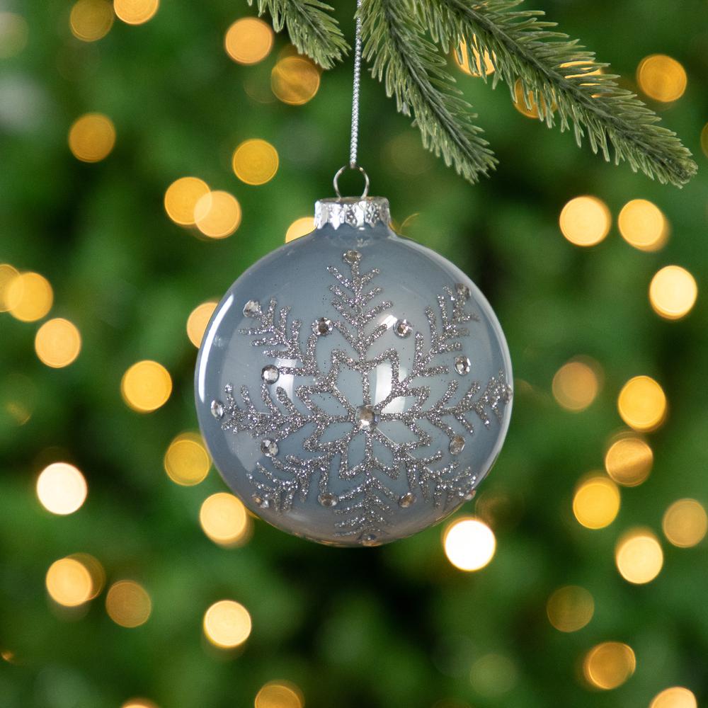 Set of 2 Shiny Stone Blue Glitter Snowflakes Glass Christmas Ball Ornaments 4". Picture 2