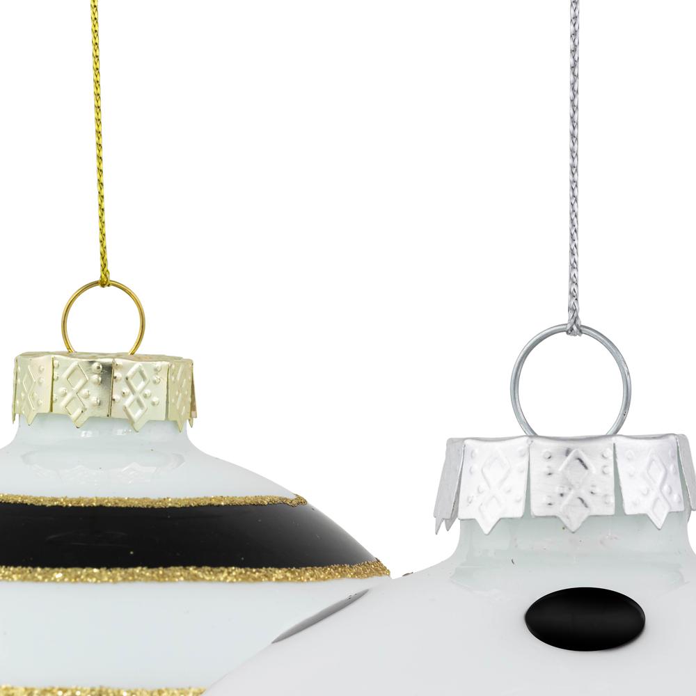 Set of 2 White and Black Striped Glass Christmas Ball Ornaments 4". Picture 5