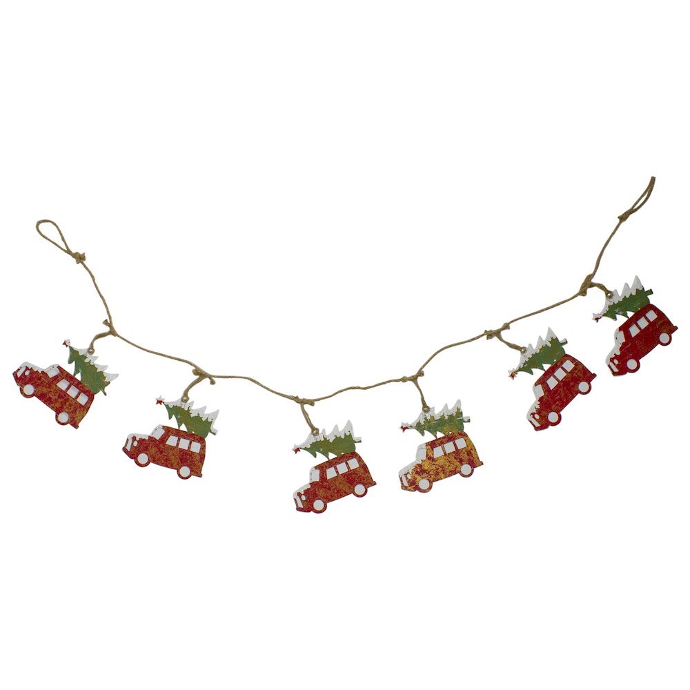 55" Red Vintage Truck with Tree Christmas Garland on Jute Rope. Picture 1