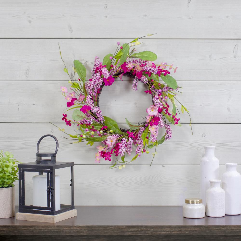 Geranium and Berry Artificial Spring Floral Wreath  Pink - 18-Inch. Picture 2
