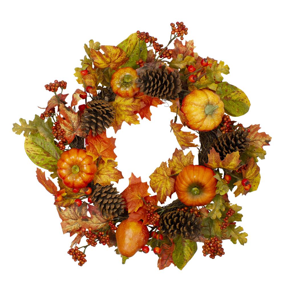 Orange Pumpkins  Pine Cones and Berries Fall Harvest Wreath - 24 inch  Unlit. Picture 1