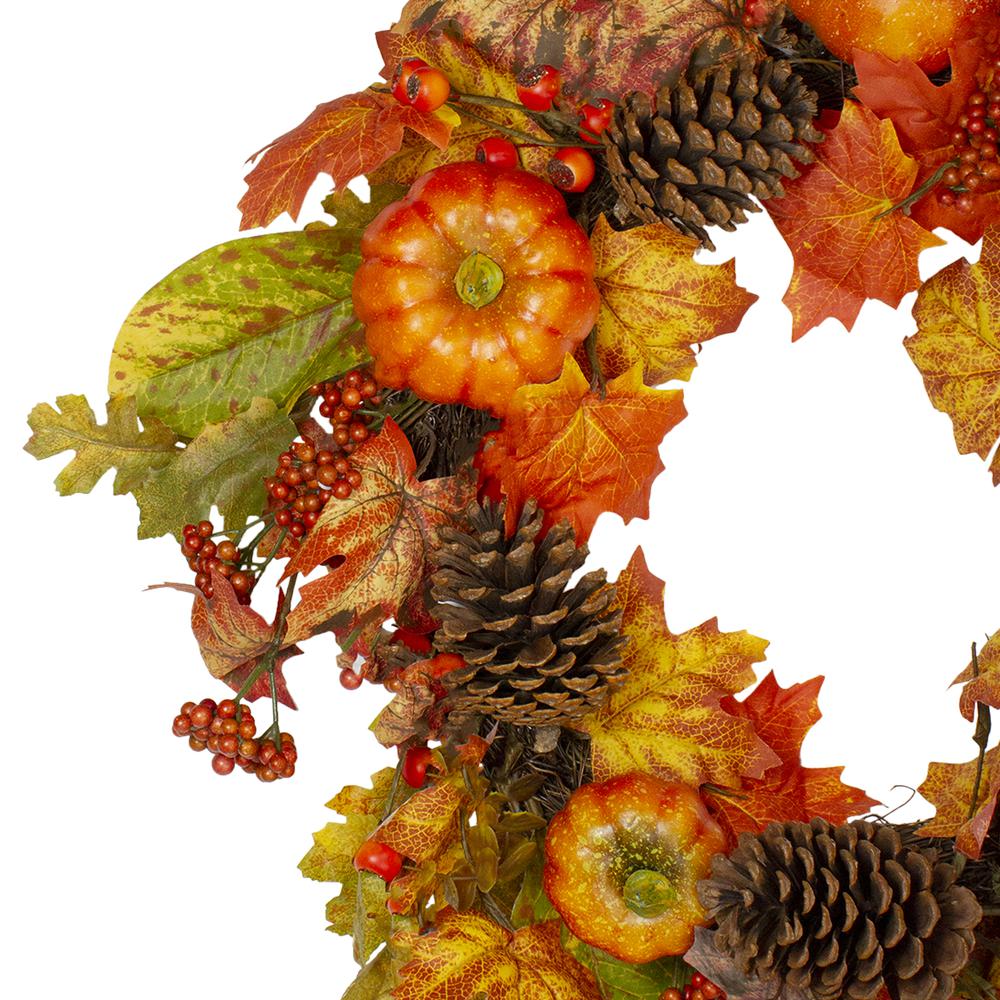 Orange Pumpkins  Pine Cones and Berries Fall Harvest Wreath - 24 inch  Unlit. Picture 2