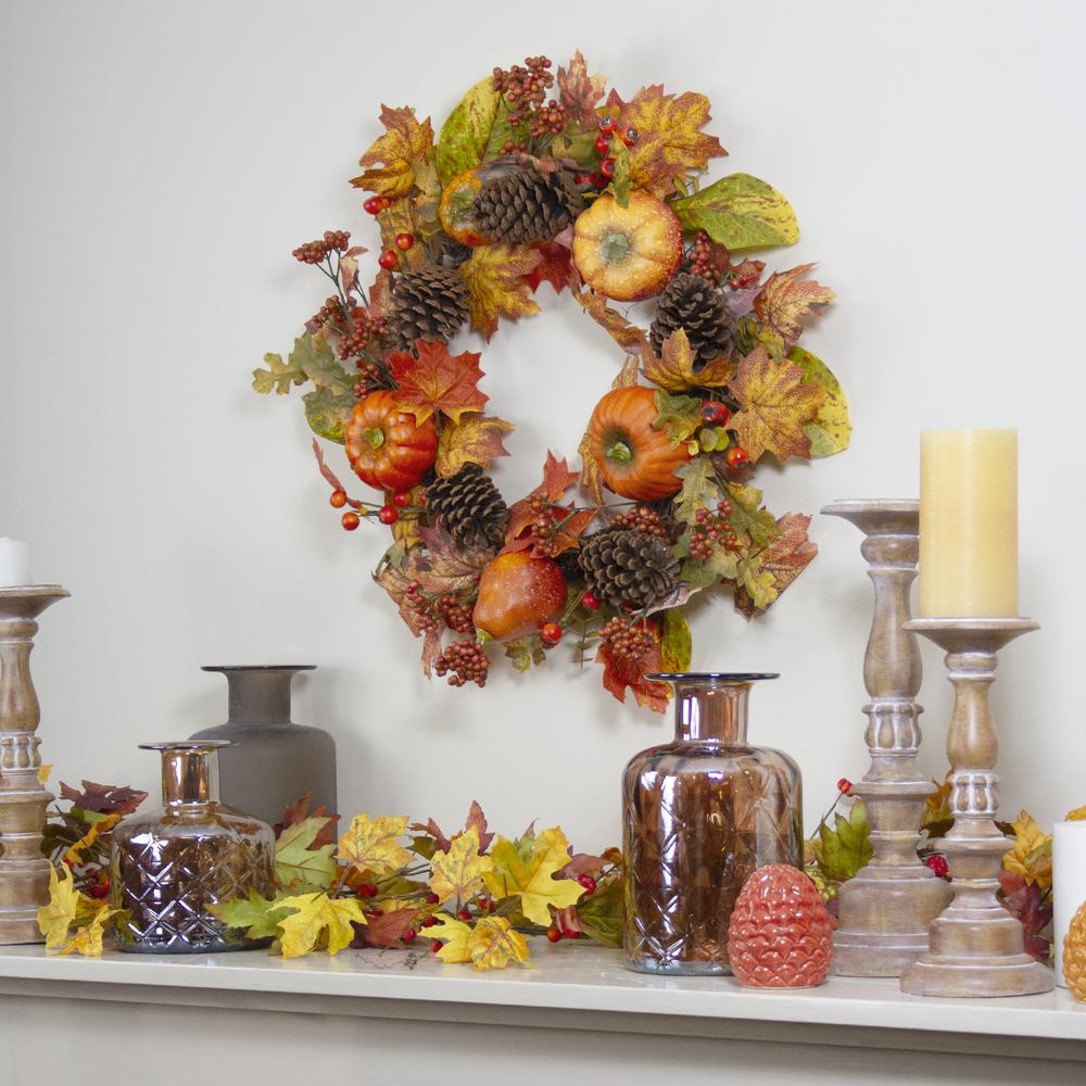 Orange Pumpkins  Pine Cones and Berries Fall Harvest Wreath - 24 inch  Unlit. Picture 4