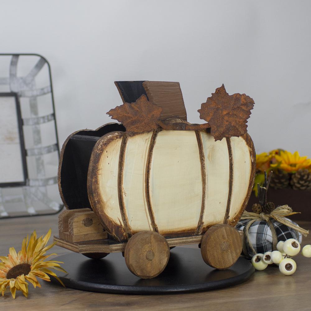 10.5" Fall Harvest Wooden Pumpkin Cart Tabletop Decoration. Picture 5