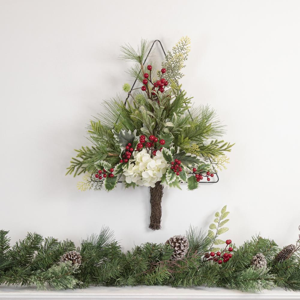 24" Pine Christmas Tree Wall Hanging Decoration with Berries and Holly. Picture 2