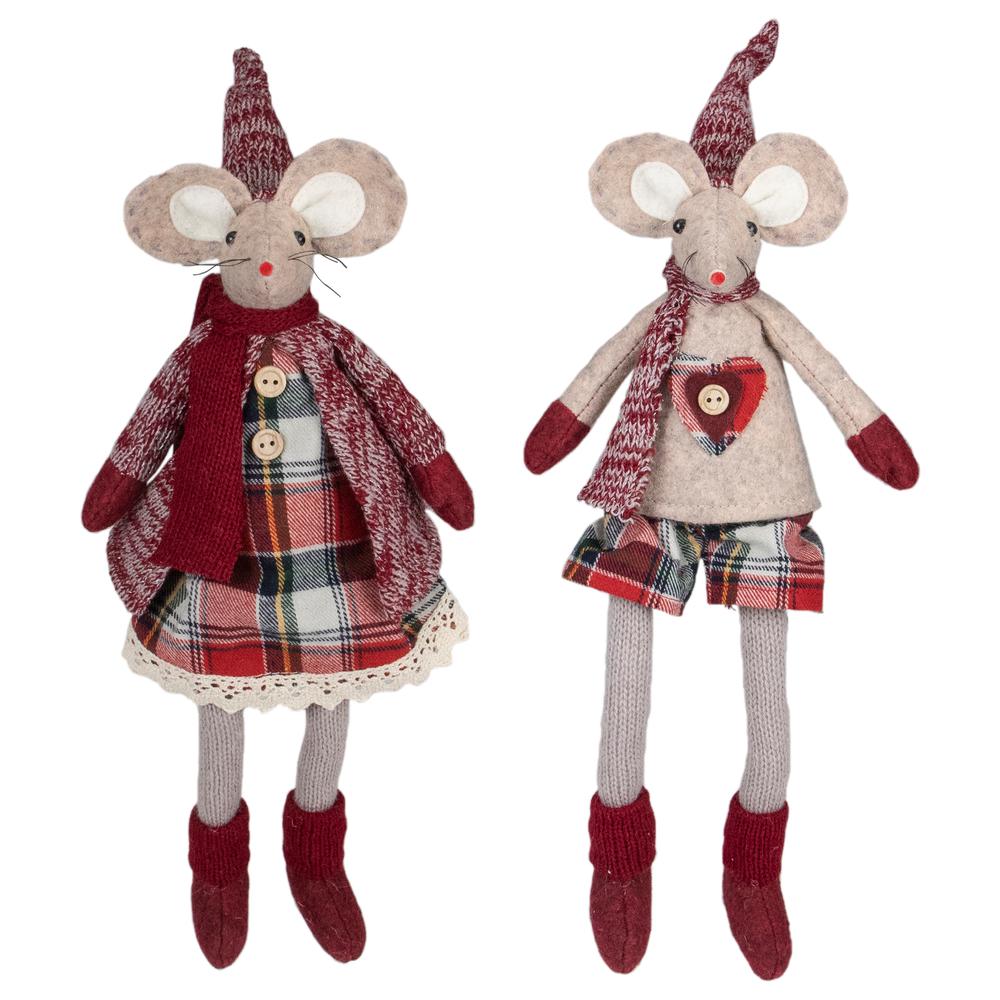 Set of 2 Boy and Girl Sitting Plush Christmas Mice Figures 17". Picture 1