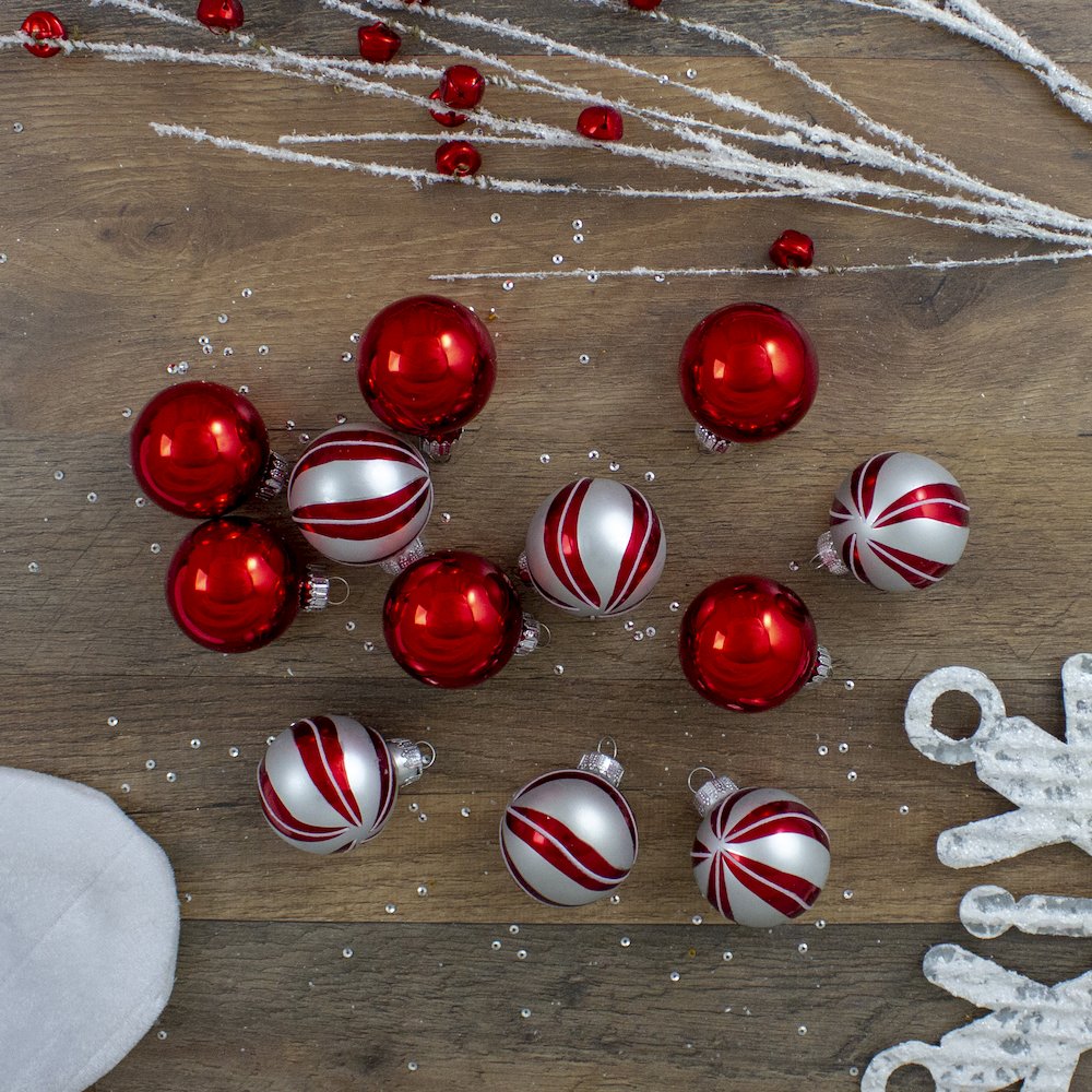 12ct Red and Silver 2-Finish Swirl Glass Christmas Ball Ornaments 1.75" (45mm). Picture 2