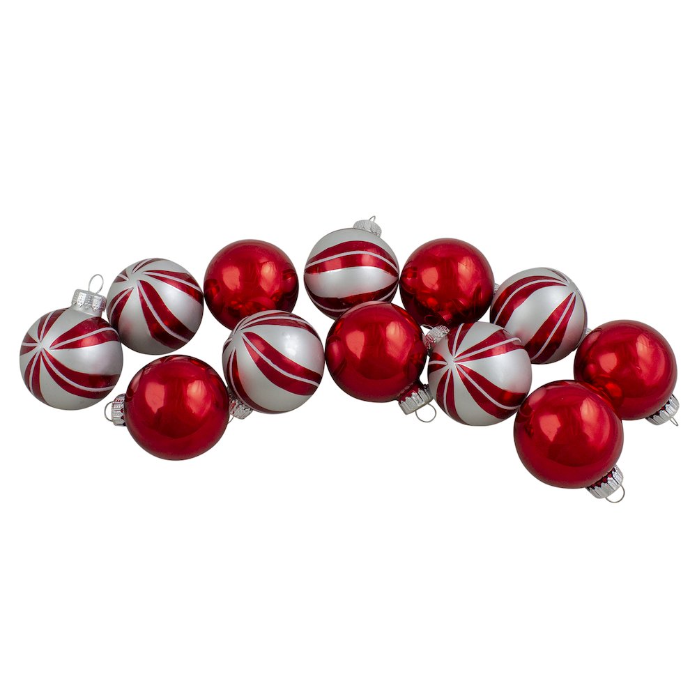 12ct Red and Silver 2-Finish Swirl Glass Christmas Ball Ornaments 1.75" (45mm). Picture 1
