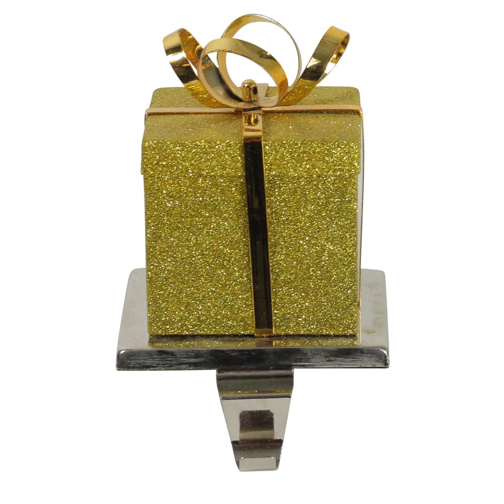 6" Silver and Gold Glittered Gift Box Christmas Stocking Holder. Picture 2