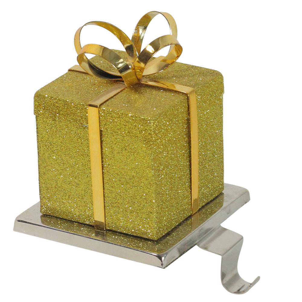 6" Silver and Gold Glittered Gift Box Christmas Stocking Holder. Picture 1