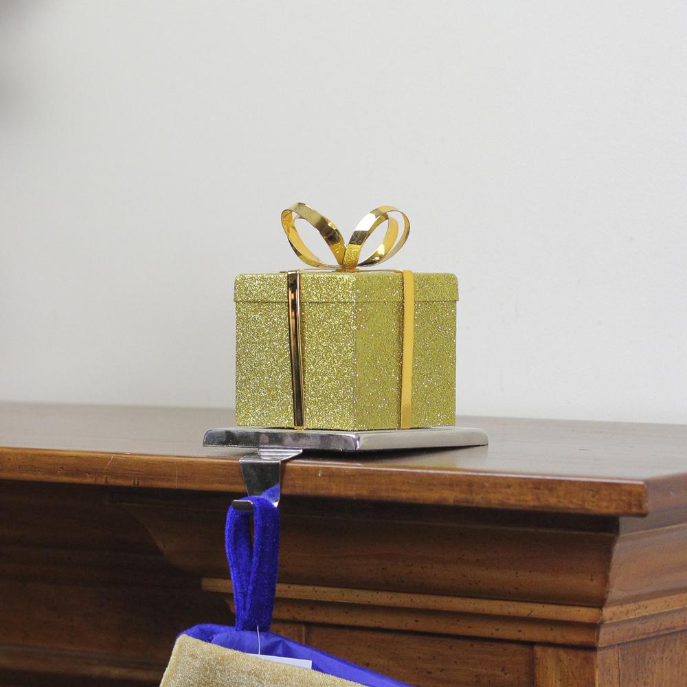 6" Silver and Gold Glittered Gift Box Christmas Stocking Holder. Picture 3
