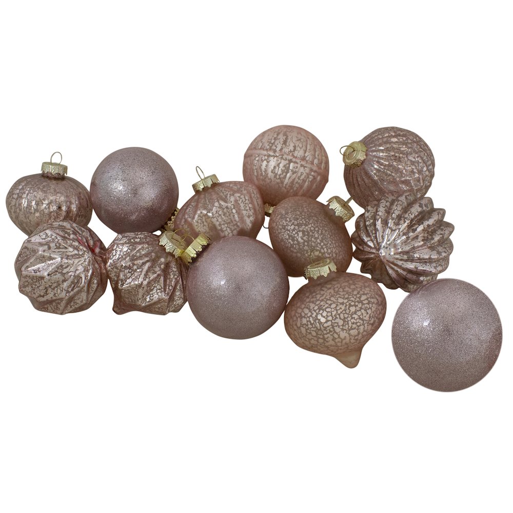 Set of 12 Blush Pink Finial and Glass Ball Christmas Ornaments. Picture 1