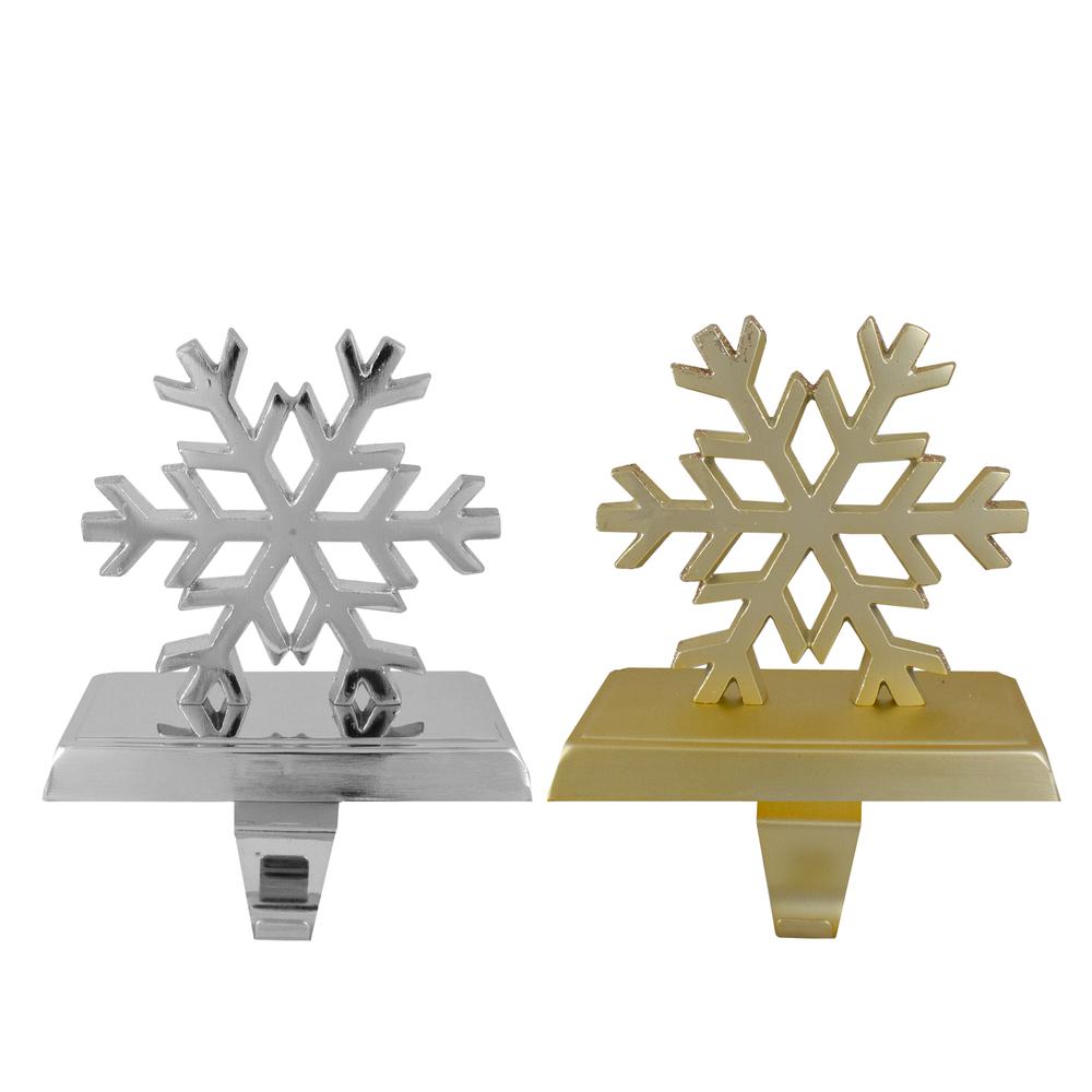 Set of 2 Gold and Silver Shiny Snowflake Christmas Stocking Holders. Picture 1