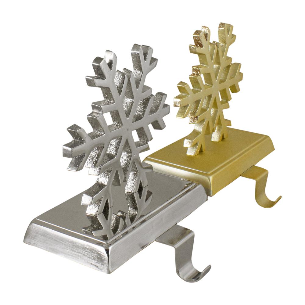 Set of 2 Gold and Silver Shiny Snowflake Christmas Stocking Holders. Picture 3