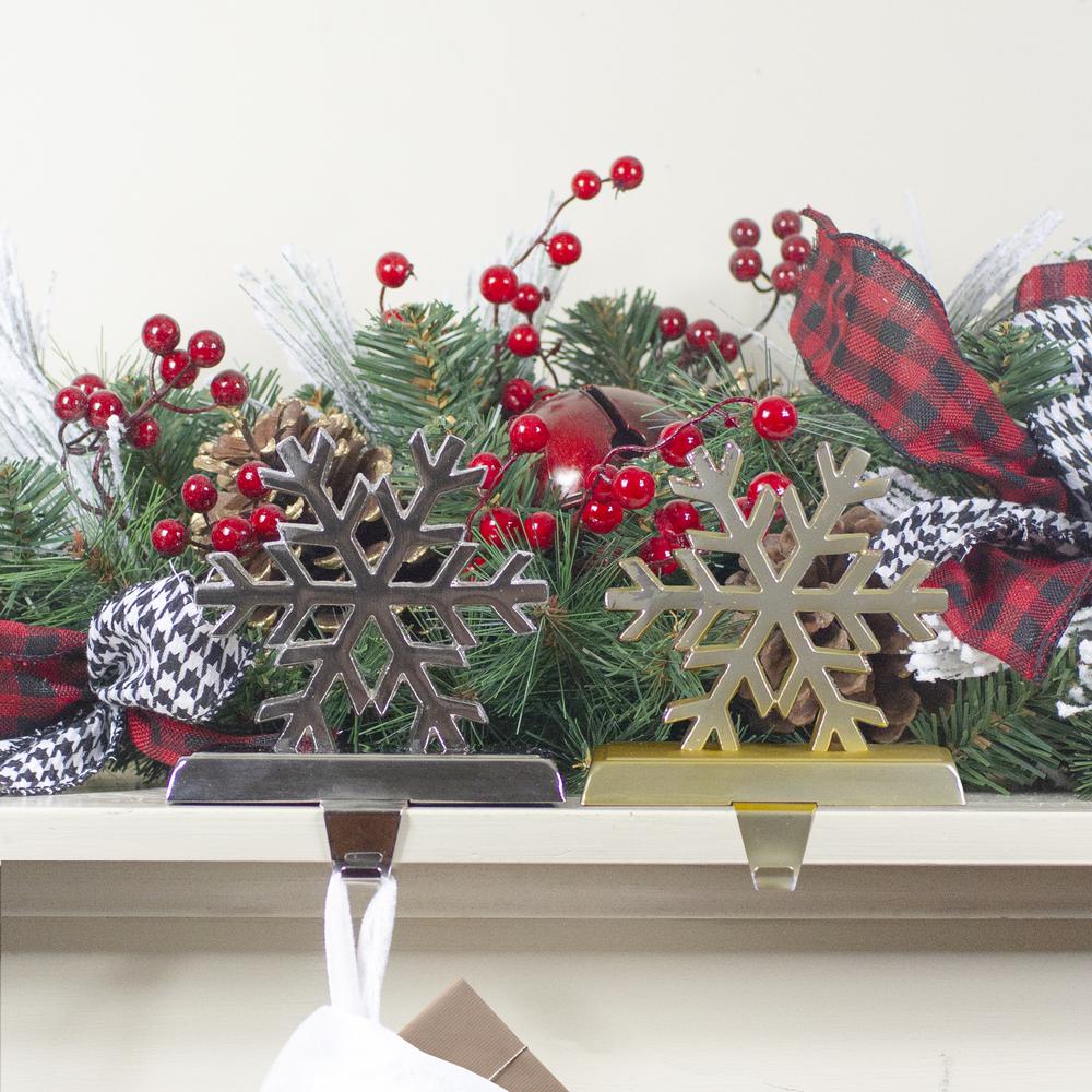 Set of 2 Gold and Silver Shiny Snowflake Christmas Stocking Holders. Picture 2