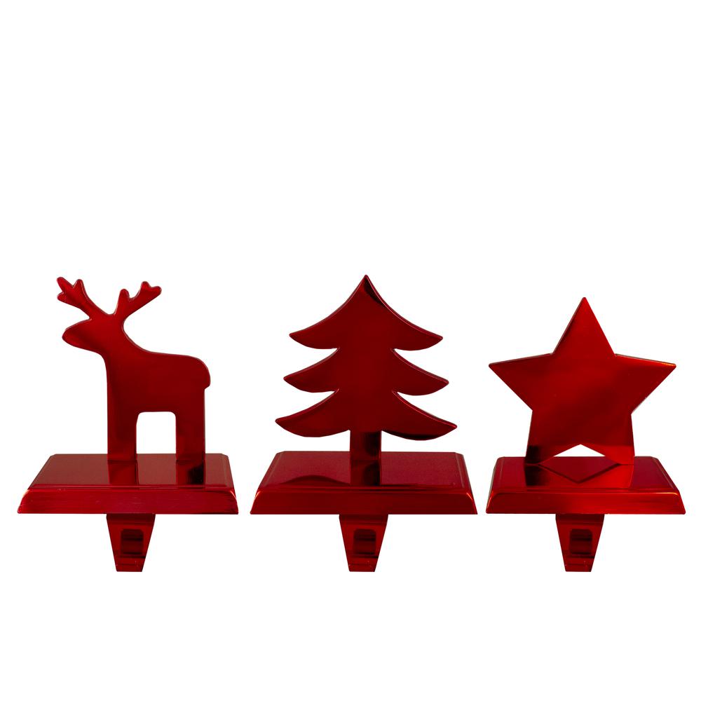Reindeer  Christmas Tree  and Star Metallic Red Christmas Stocking Holders. Picture 1