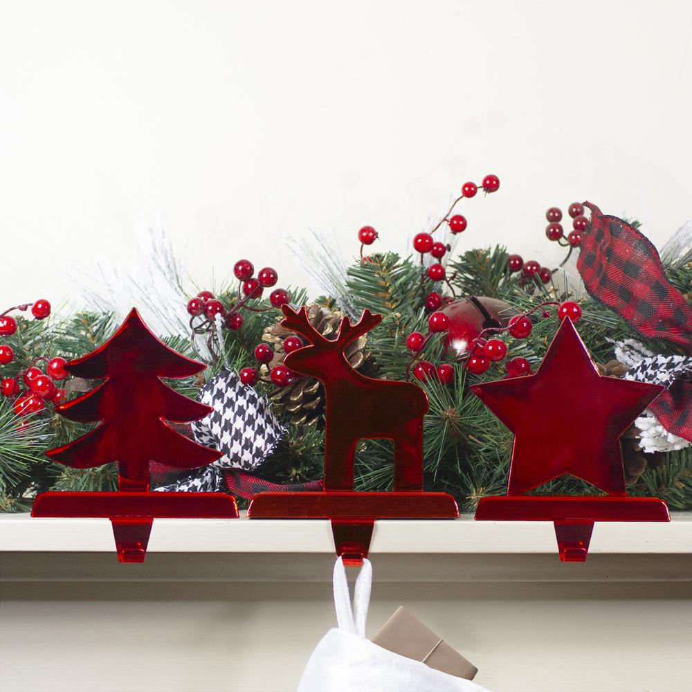 Reindeer  Christmas Tree  and Star Metallic Red Christmas Stocking Holders. Picture 2