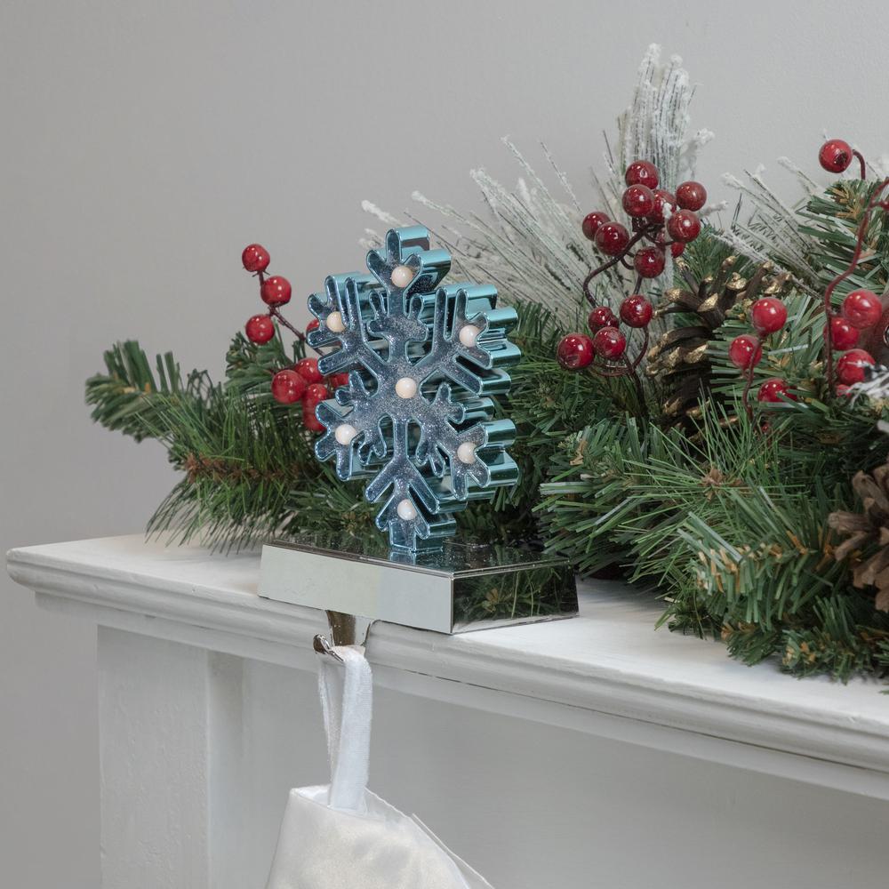 Blue and Silver LED Lighted Snowflake Christmas Stocking Holder 7". Picture 2