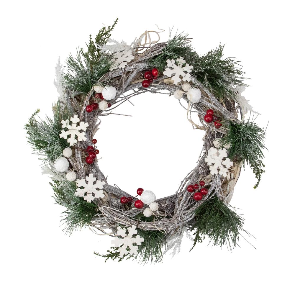 Snowflakes and Berries Winter Foliage Christmas Wreath  24-Inch  Unlit. Picture 1