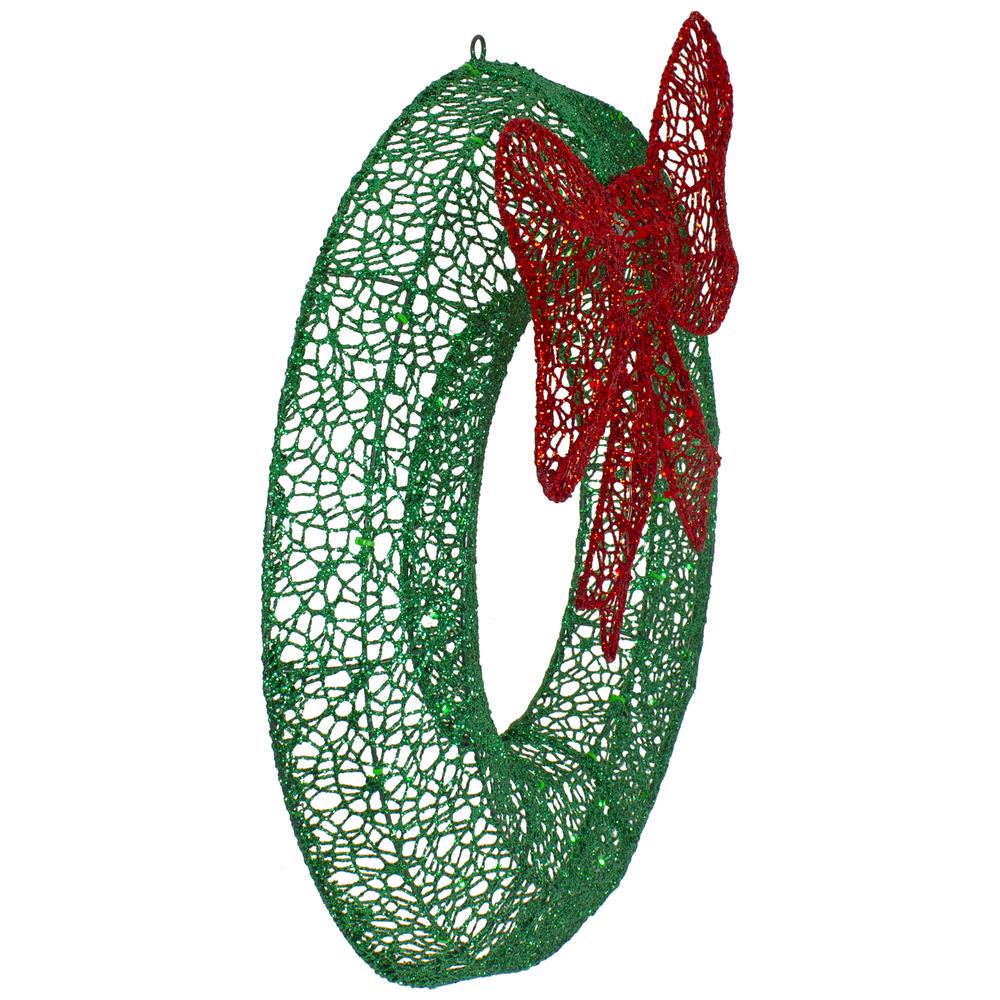 24" LED Lighted Green Glitter Wreath with Red Bow Outdoor Christmas Decoration. Picture 3