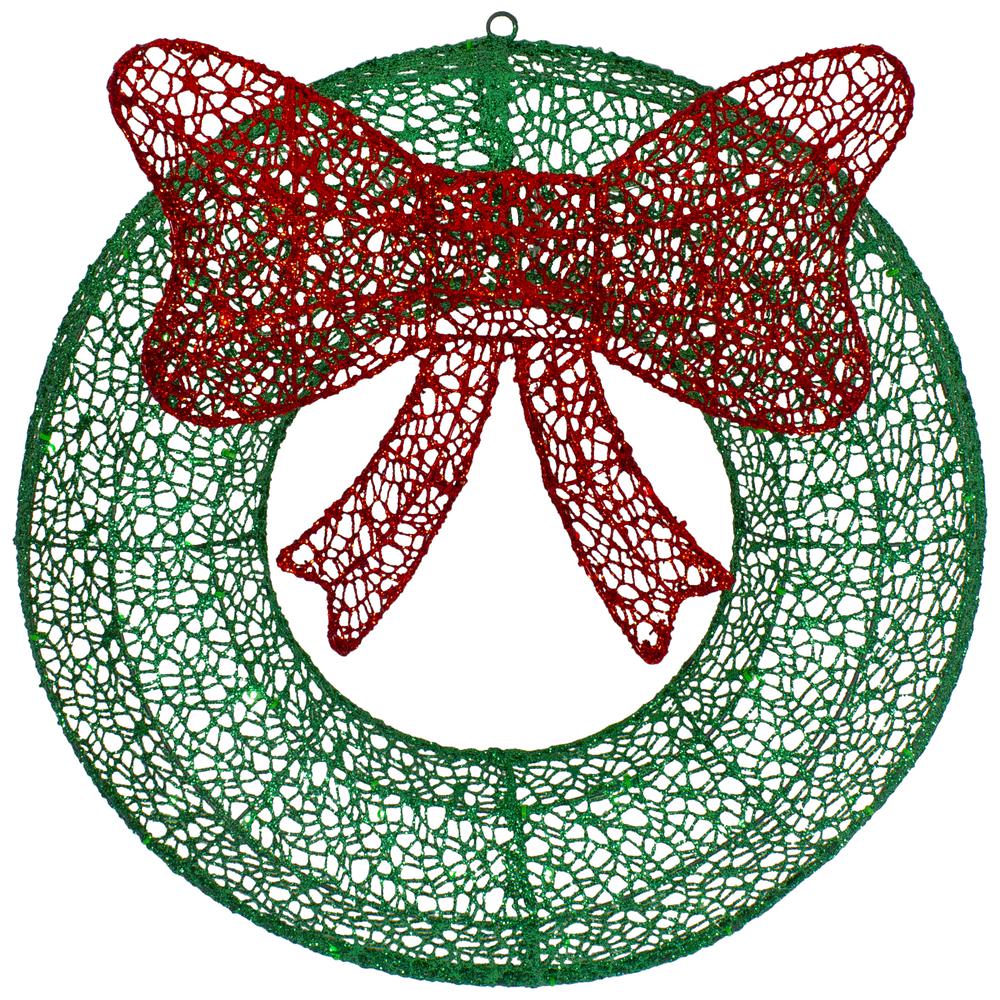 24" LED Lighted Green Glitter Wreath with Red Bow Outdoor Christmas Decoration. Picture 1