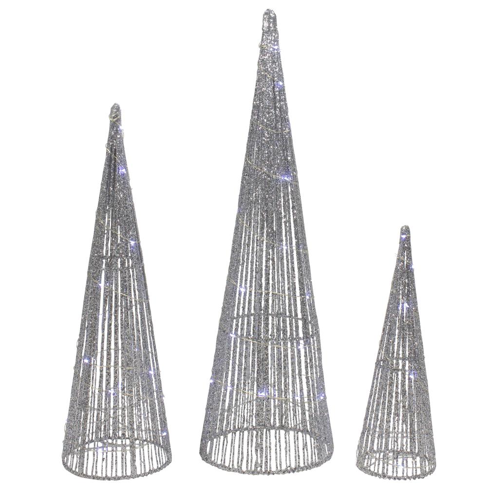 Set of 3 LED Lighted Silver Glitter Cone Tree Outdoor Christmas Decorations 23.5". Picture 1