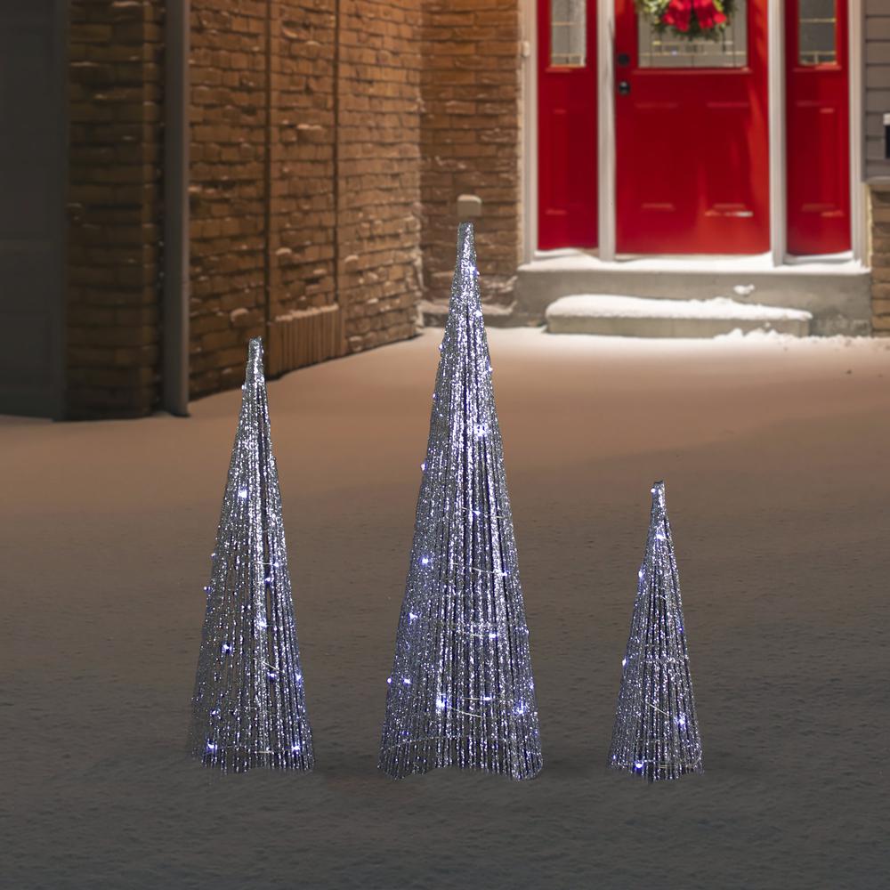 Set of 3 LED Lighted Silver Glitter Cone Tree Outdoor Christmas Decorations 23.5". Picture 2