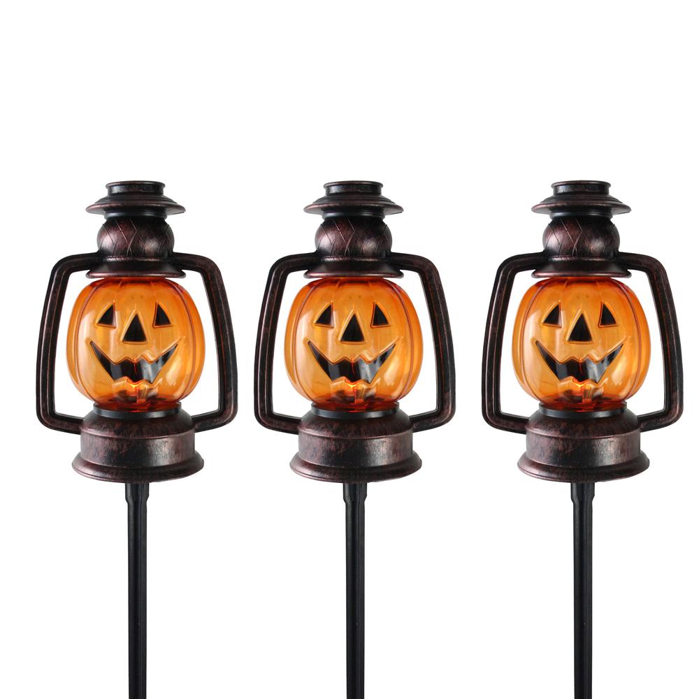 Set of 3 Orange Flickering Halloween Jack O' Lantern Pathway Markers 16.75". Picture 1