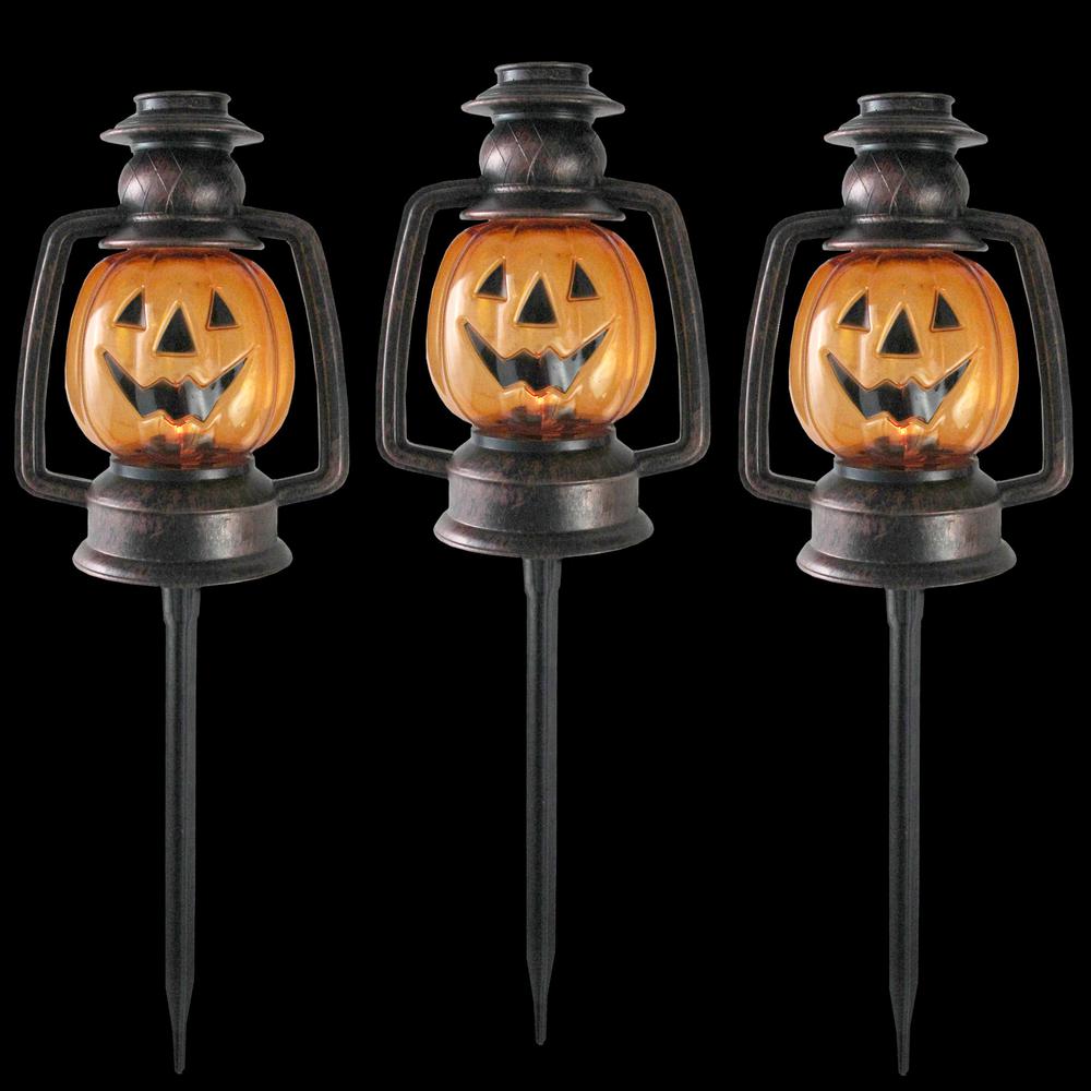 Set of 3 Orange Flickering Halloween Jack O' Lantern Pathway Markers 16.75". Picture 3