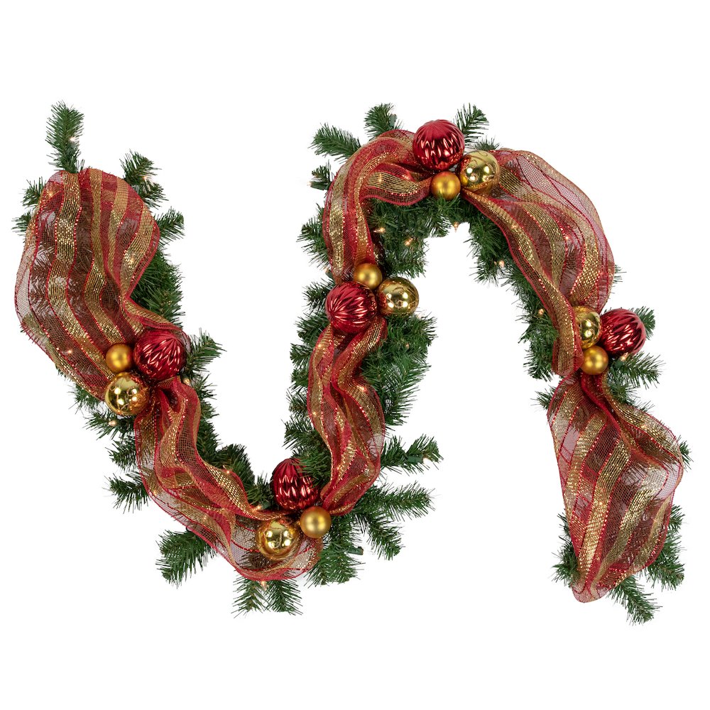 6ft Pre-Lit Decorated Red and Gold Artificial Christmas Garland  Clear Lights. Picture 1