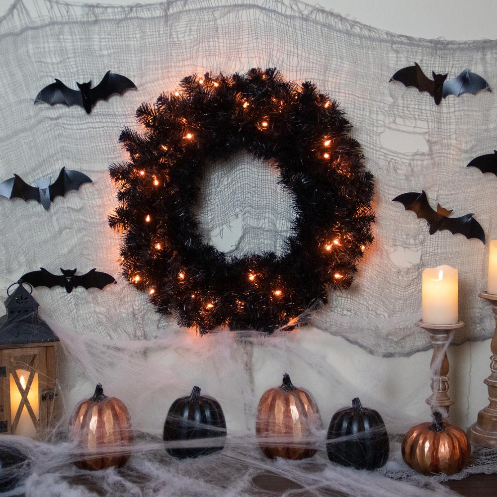 Pre-Lit Black Noble Spruce Artificial Halloween Wreath  24-Inch  Orange Lights. Picture 2