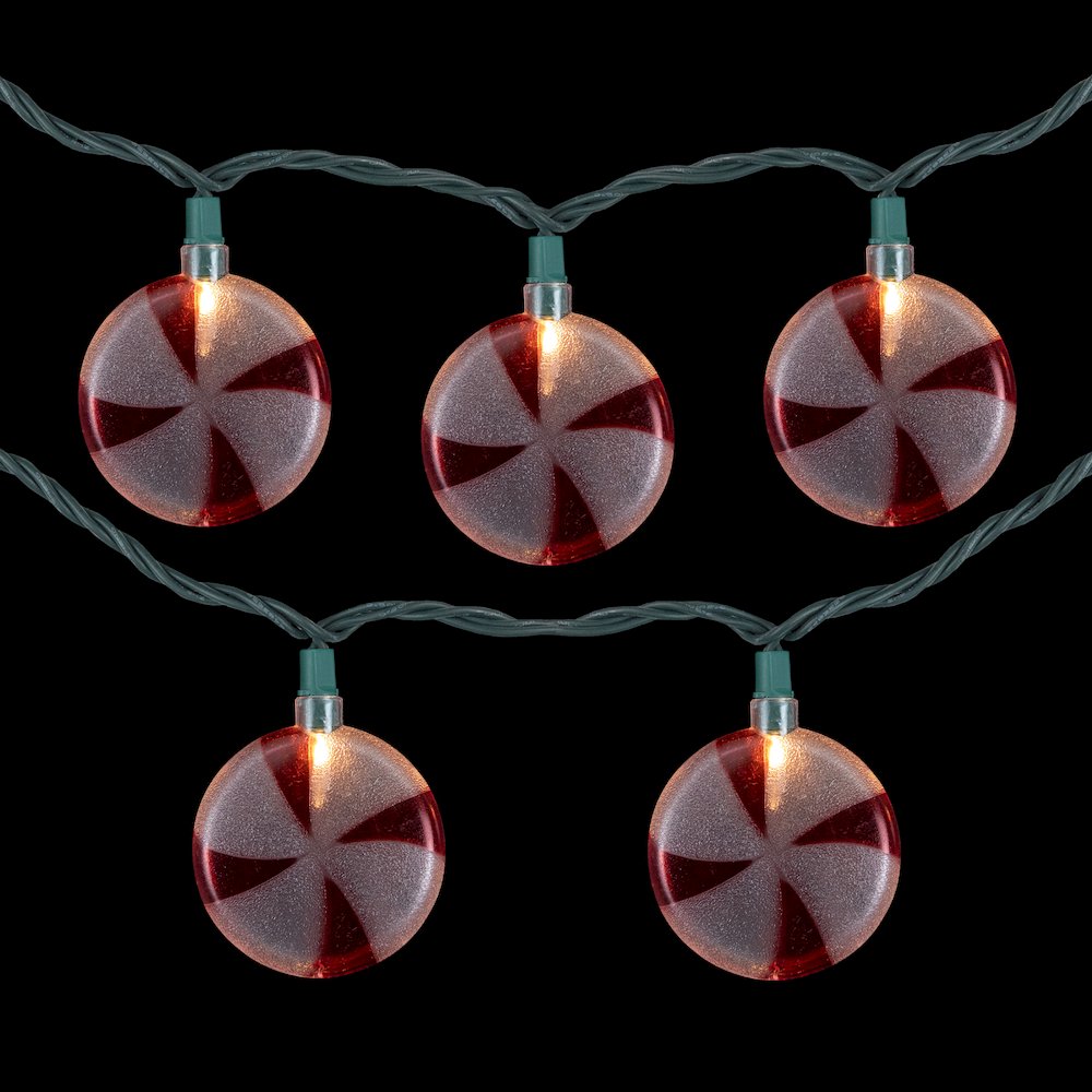 10-Count Peppermint Candies Christmas Lights - 6ft Green Wire. Picture 3