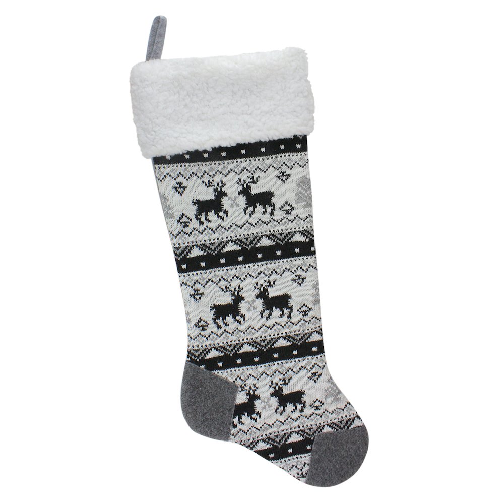 21" Black  Gray and White Rustic Christmas Stocking with High Pile Fleece Cuff. Picture 1
